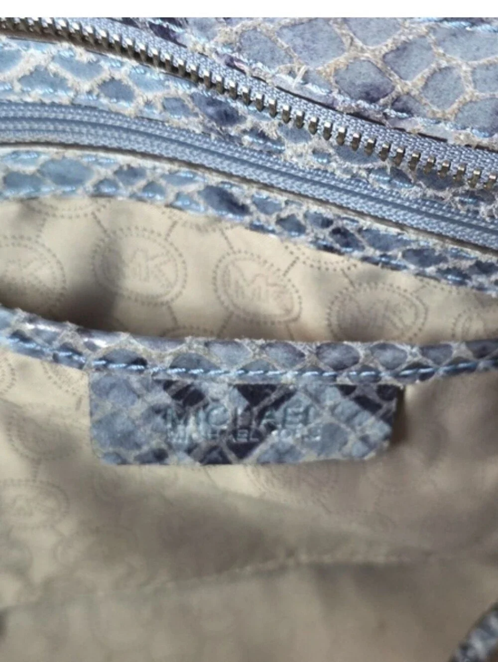 MICHAEL MICHAEL KORS Selma, Blue-Gray Python-Embossed, Studded Satchel, EC